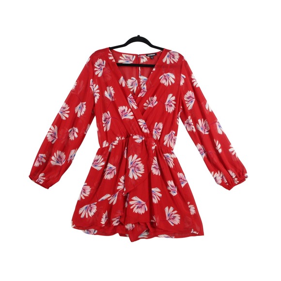 Express Pants - Express Red Floral Chiffon Long Sleeve Romper Surplice Wrap Tie Waist Womens M